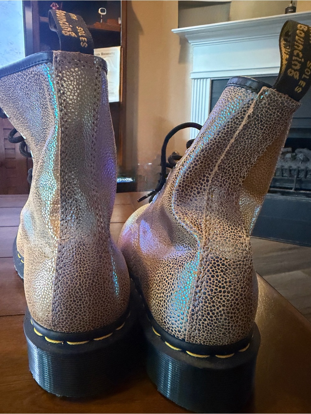 Dr. Martens Iridescent Gold Lace-Up Combat Boots with Yellow Stitching - Picture 5 of 7
